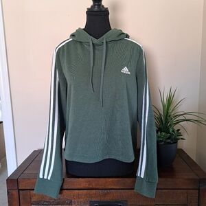 Adidas Cropped Hoodie Green with White Stripes Women's Size Medium 3 Stripe